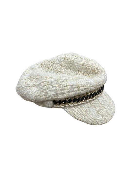 Kroché Paris Accessories - Kroché Paris Womens Ivory Tweed Baker Boy Cap With Black & Gold Chain Accent